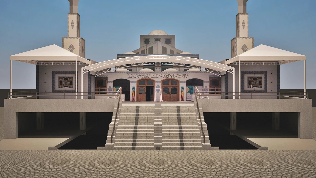 Mosque Shade - Tensile Fabric Shade in Pakistan offers waterproof sun protection with a center-pole-free design for unobstructed prayer spaces.